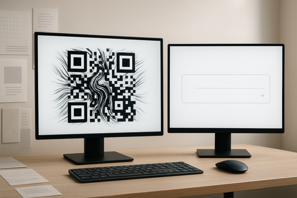modern workspace with dynamic QR code and Bitly link interface