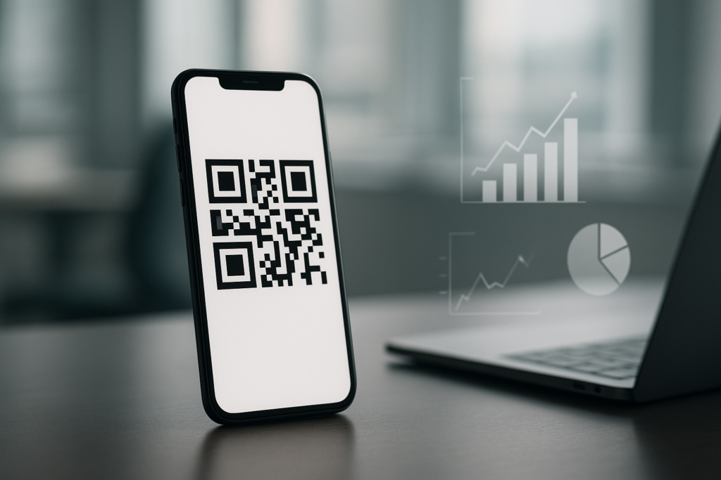 smartphone displaying a dynamic qr code with analytics in background