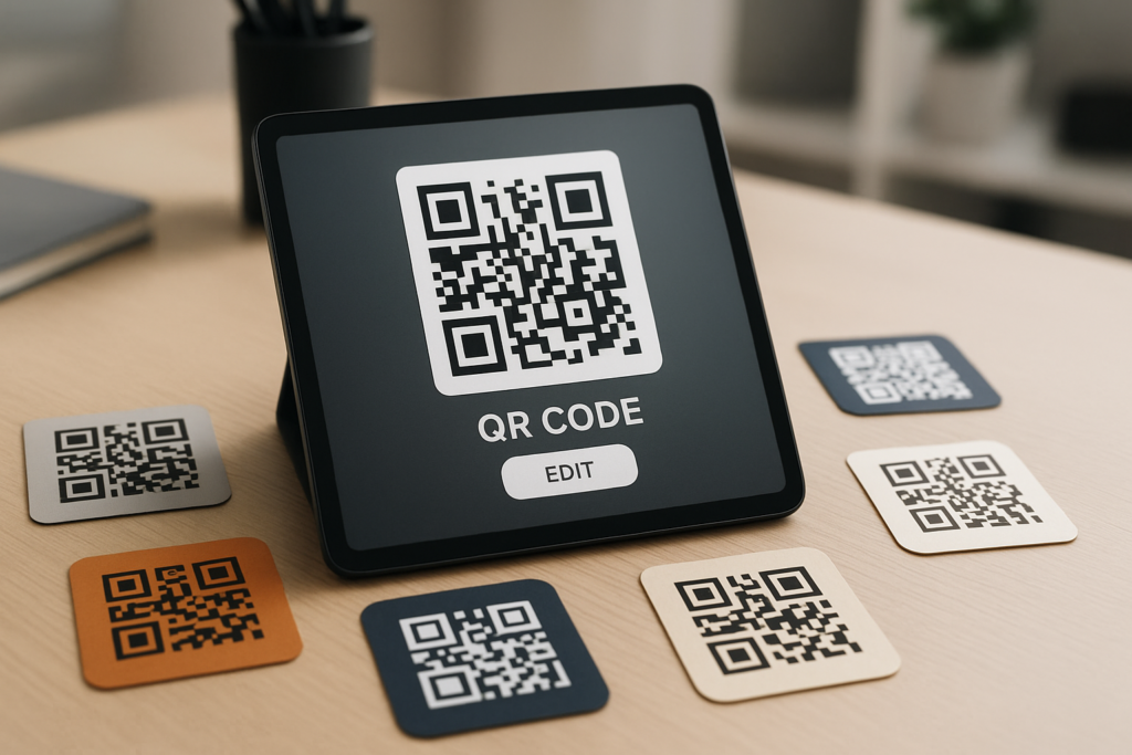 Modern workspace with a tablet displaying editable qr code stickers