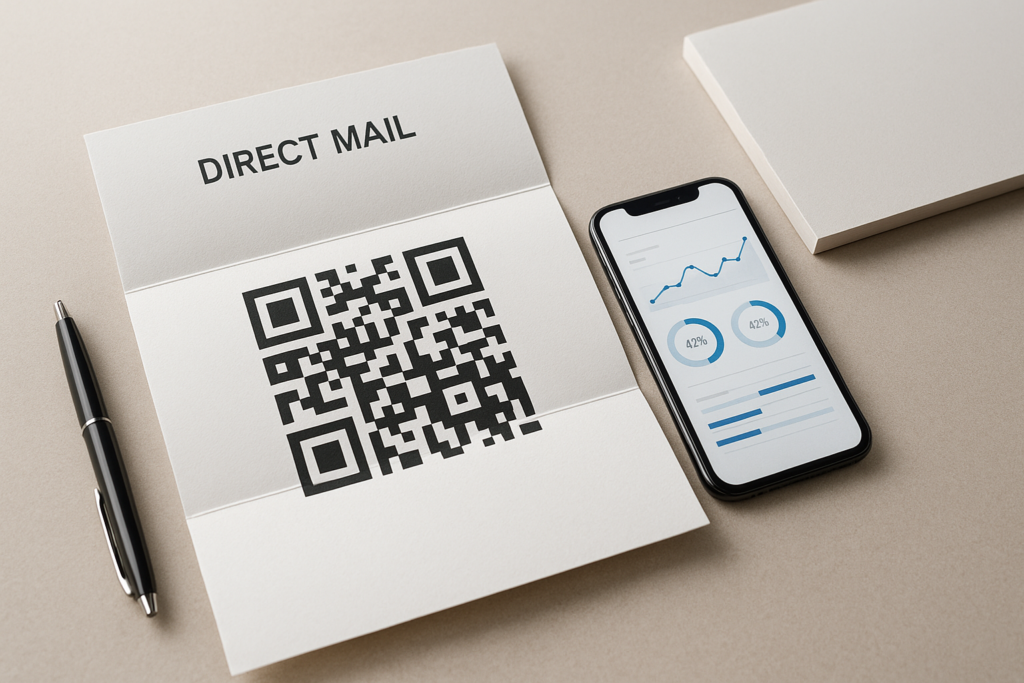 A minimalist workspace with a direct mail letter featuring a qr code