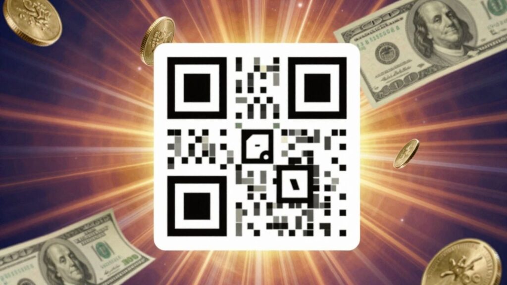 Dynamic QR code with money flowing upwards.