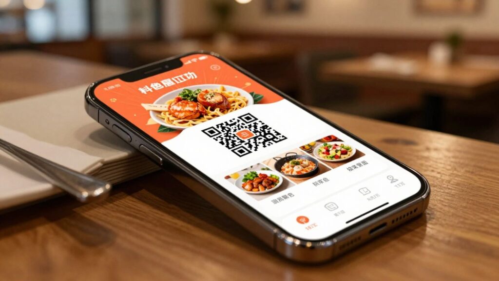 Smartphone showing a digital restaurant menu with QR code.