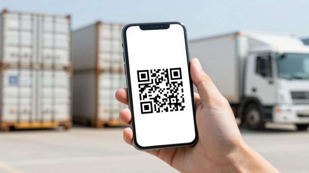 QR code on a smartphone screen in a logistics setting.