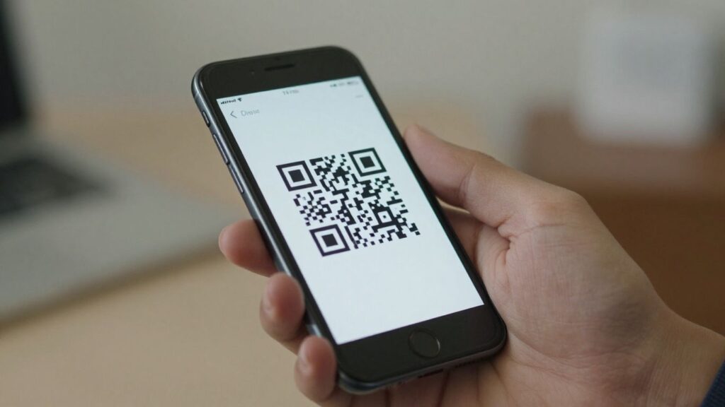 iPhone scanning a QR code on its screen.