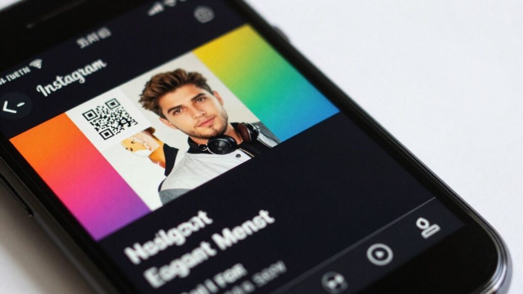 Smartphone displaying Instagram profile with QR code.