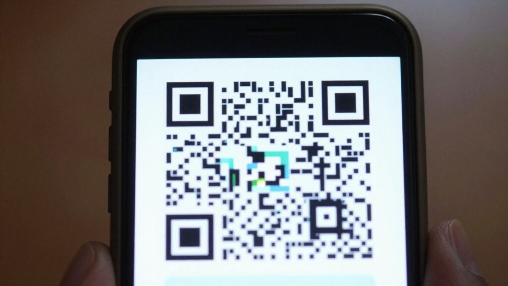 Smartphone displaying a colourful QR code.