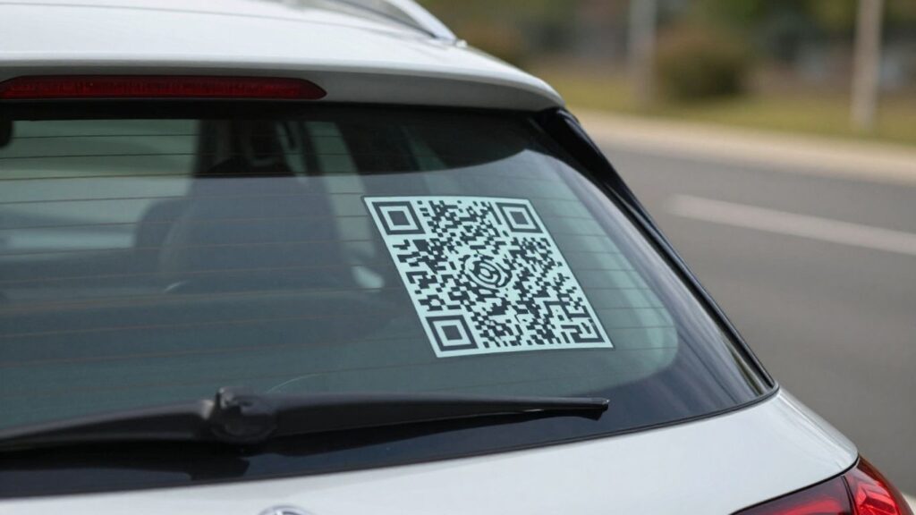 Mercedes-Benz car rear window with QR code visible.