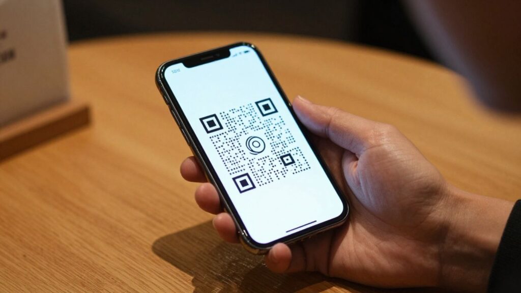 Diner using smartphone with QR code at restaurant table.