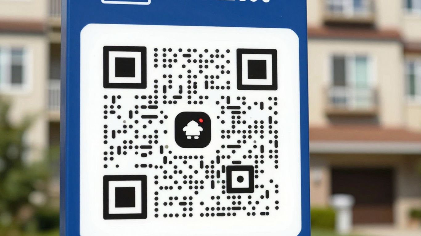 Smartphone scanning QR code on estate agent signpost.
