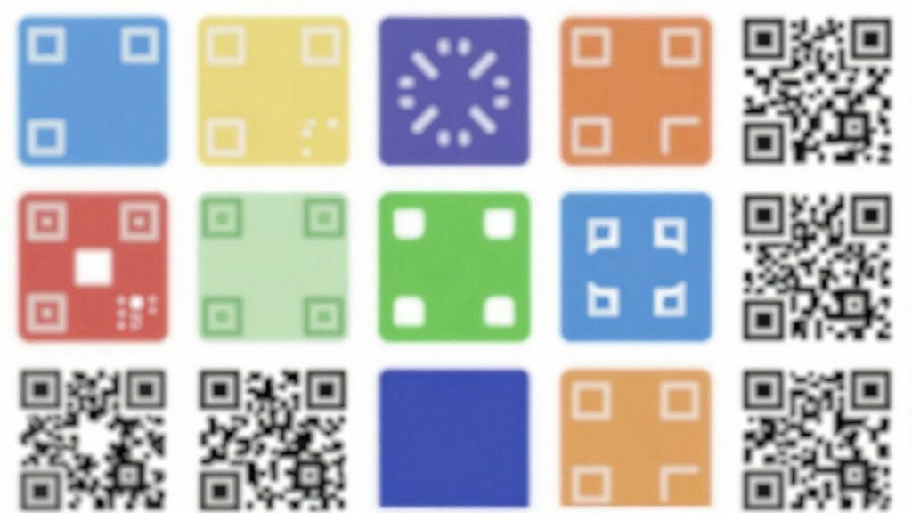 Various colourful QR codes in a close-up photographic shot.