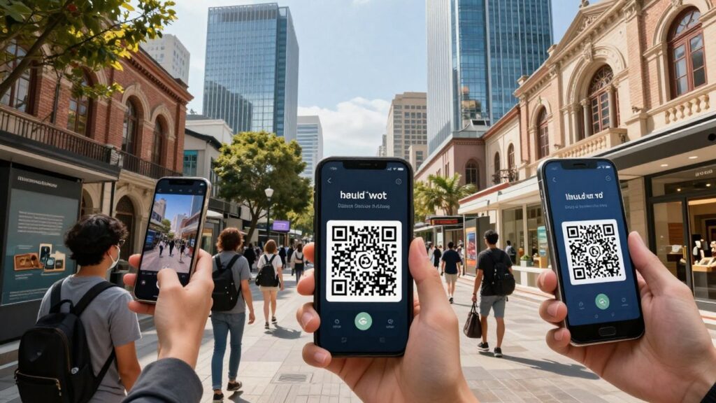Tourists scan QR codes at city landmarks and attractions.