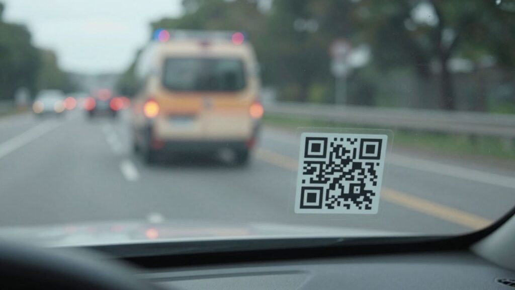 Mercedes-Benz car windshield with QR code for rescue.