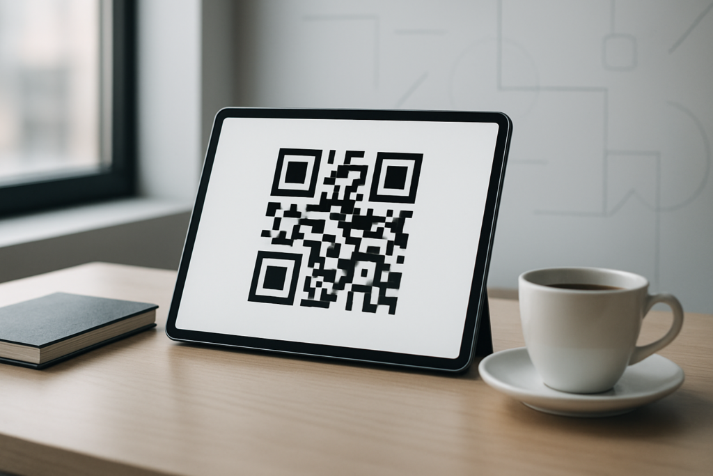 modern workspace with tablet displaying qr code link shortener