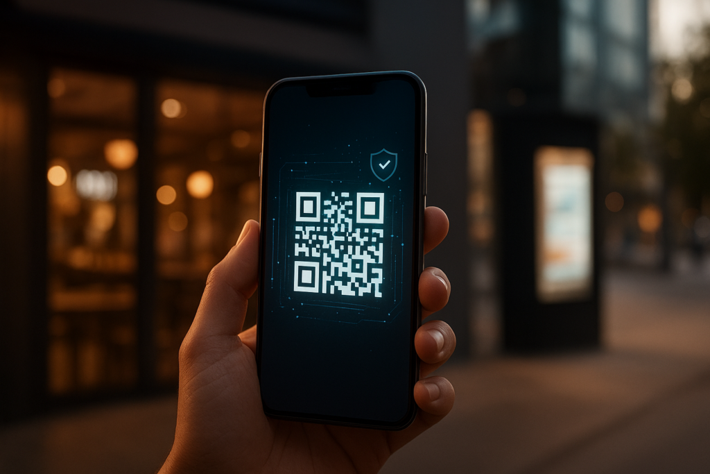 smartphone scanning a QR code in an urban café setting