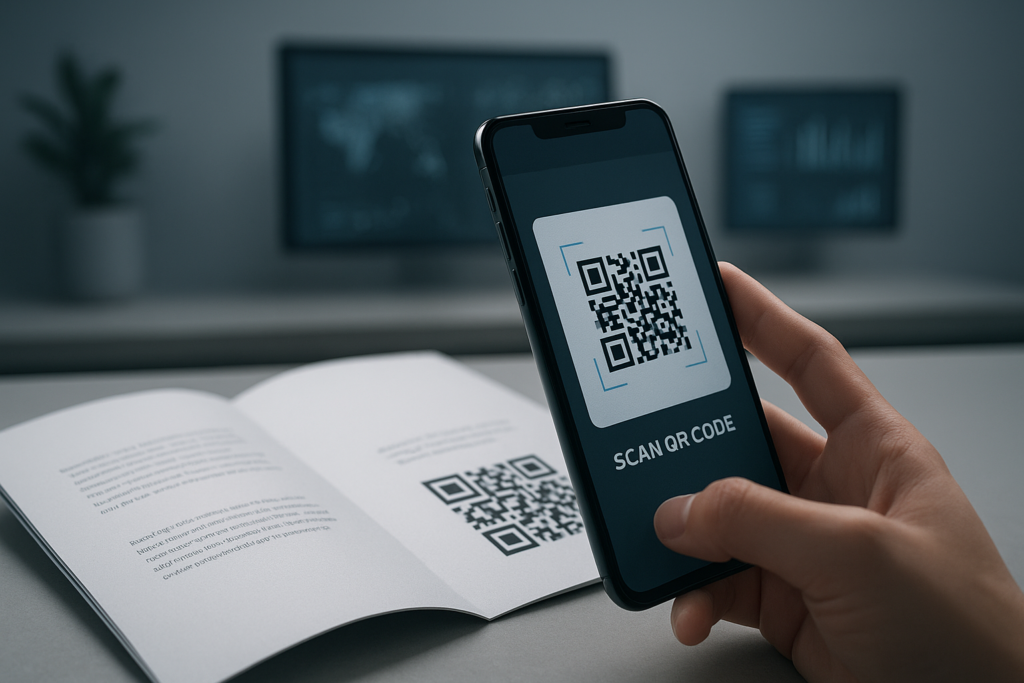smartphone scanning a qr code on a brochure in a modern office