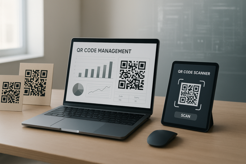 modern workspace with laptop and QR codes for effective qr code management