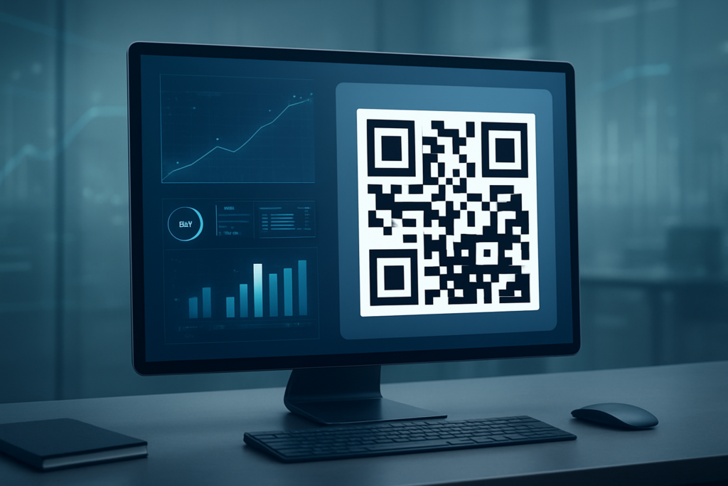 modern workspace showcasing a QR code with analytics on a screen
