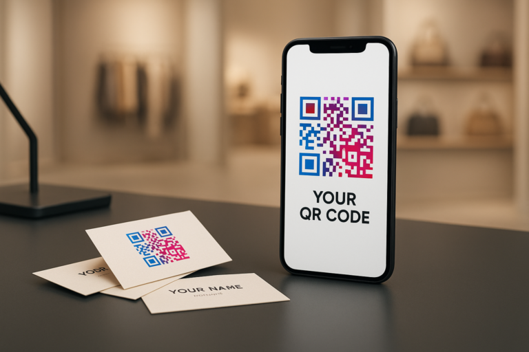modern workspace with smartphone displaying avon qr code order from me and business cards