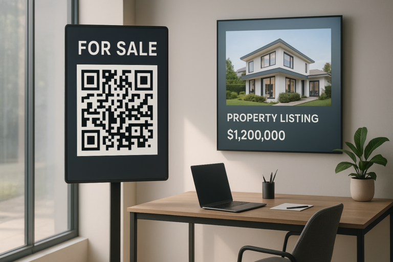 modern estate agency office with digital for-sale board and QR code