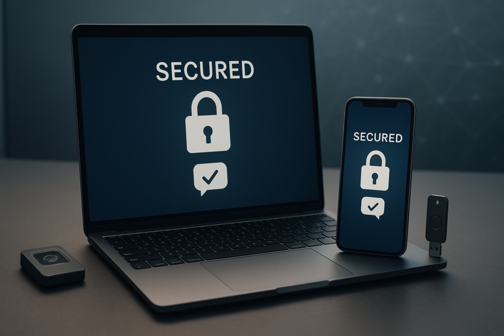 workspace featuring a laptop and smartphone for verifying messages from HMRC