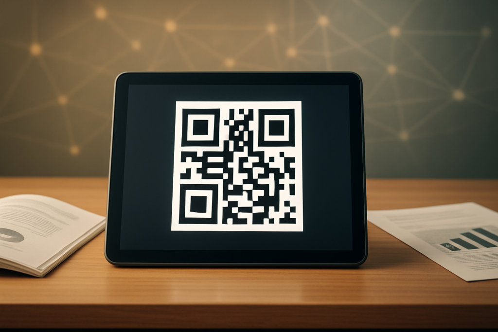 tablet displaying a dynamic qr code in a modern classroom