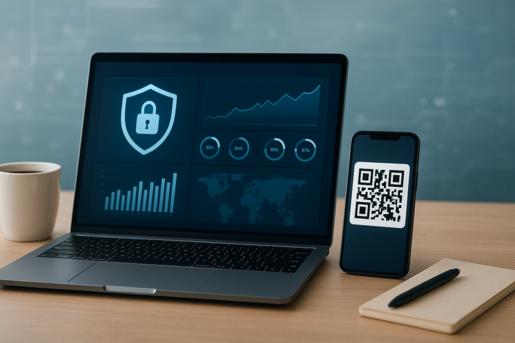 modern workspace with laptop, smartphone showing qr code, coffee, and notepad