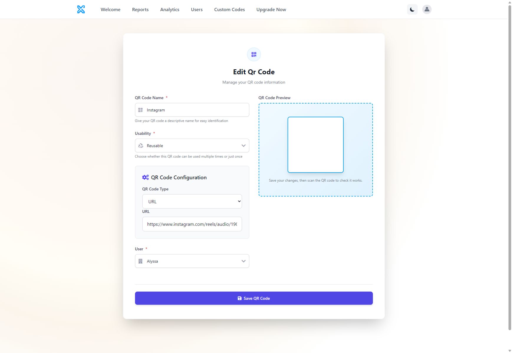 Xcan It Edit QR Code screen with name, reusable setting, URL destination and assigned user controls