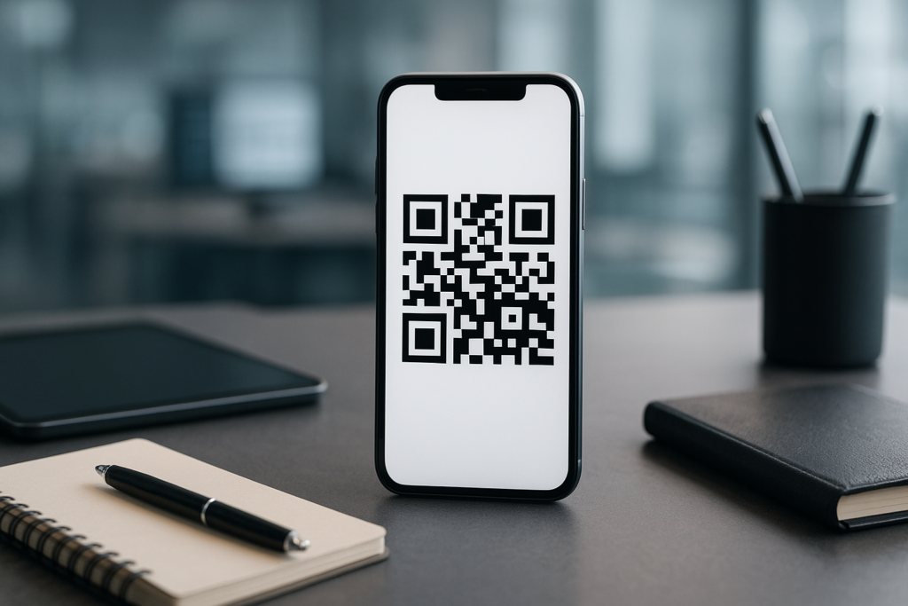 close-up of a sophisticated white label qr code on a smartphone screen in a modern office. qr co