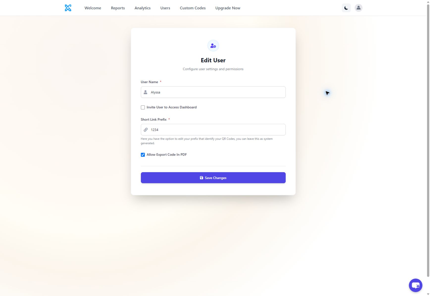 Xcan It Edit User screen showing dashboard invitation, short-link prefix and PDF export permission