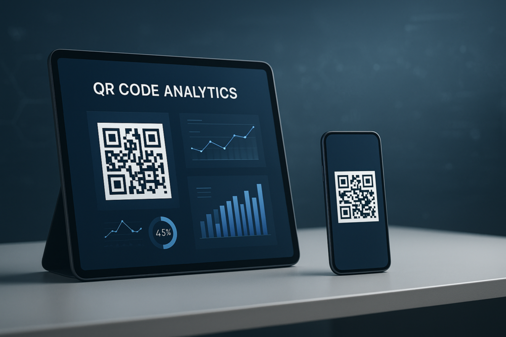 tablet displaying QR code analytics dashboard with smartphone scanning it