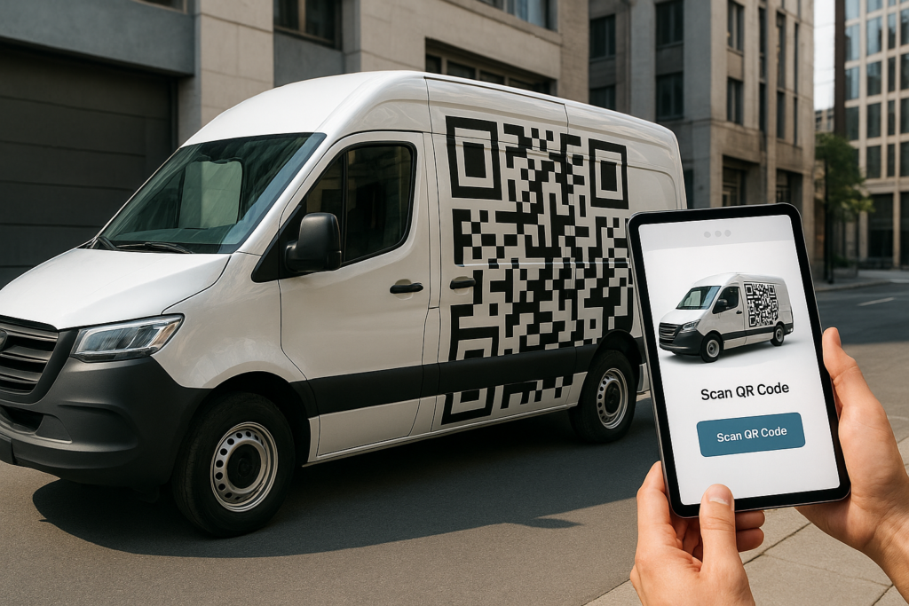 modern van wrap featuring a unique qr code design
