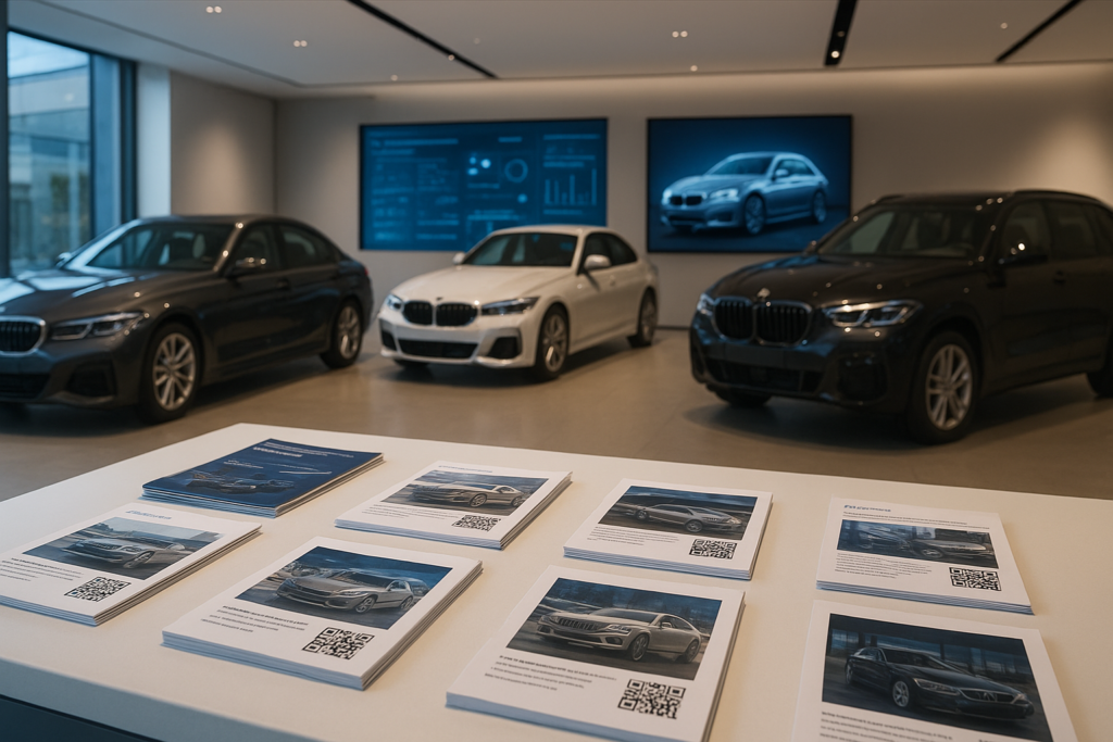 Modern car dealership interior showcasing vehicles and QR codes