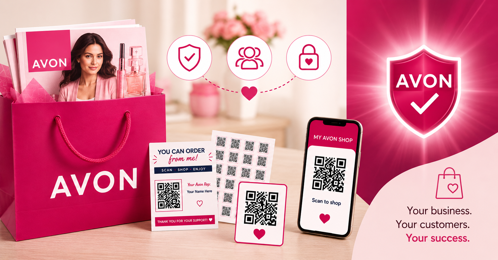Avon Digital Sales Toolkit QR code sales kit — 40 printable stickers, Order From Me slips, and a phone-ready QR code for Avon reps selling between campaigns
