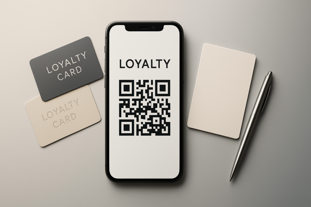 smartphone displaying qr code loyalty programme surrounded by cards and notepad
