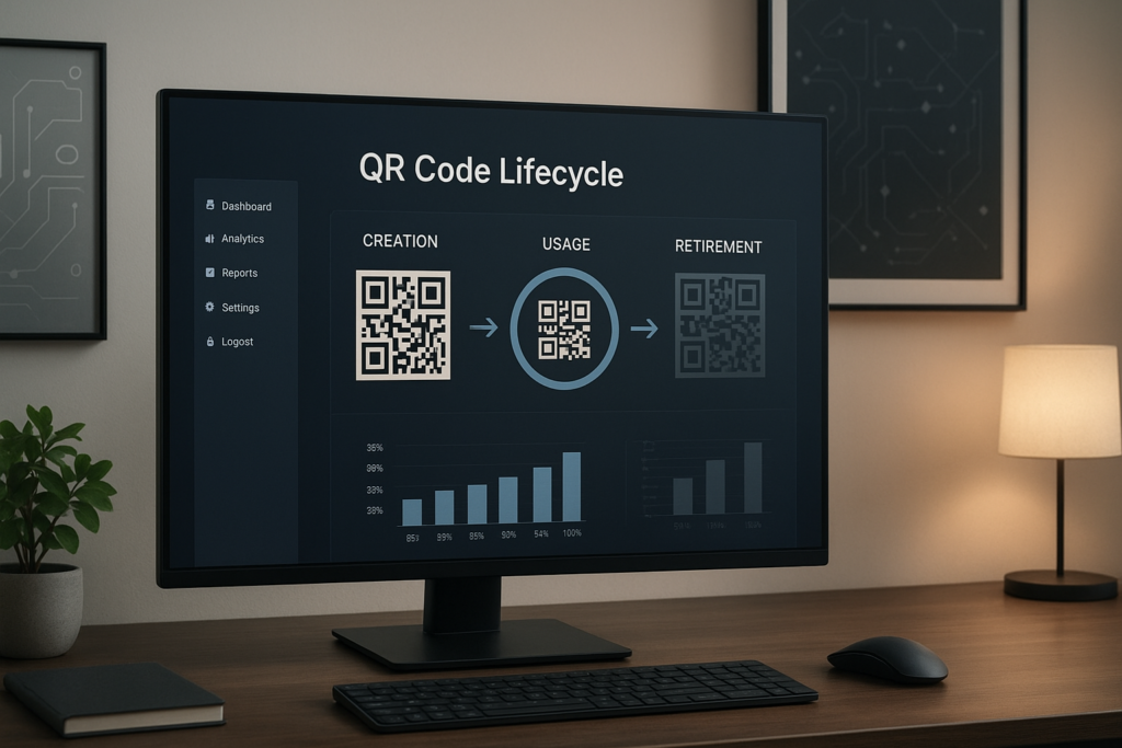 modern workspace with QR codes in lifecycle management dashboard