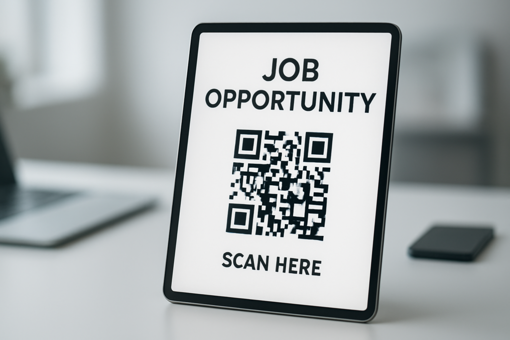 A sleek digital device displaying a job advert with a dynamic QR code for recruitment