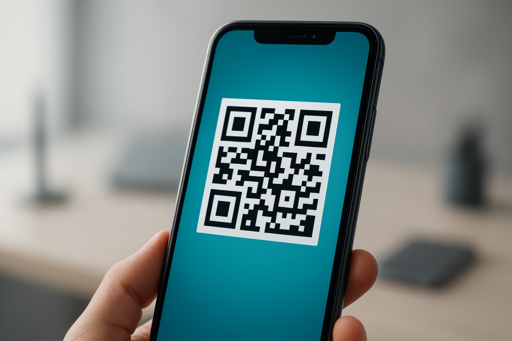 modern smartphone displaying a QR code in a contemporary workspace