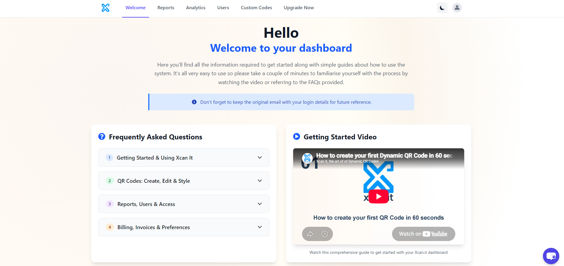 Xcan It dashboard welcome screen with navigation for reports, analytics, users and custom codes