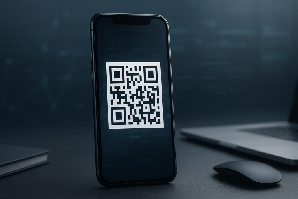 high-end smartphone displaying a static QR code in a modern workspace