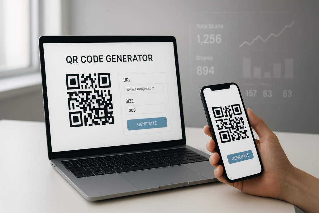 a modern workspace with a laptop showing a dynamic qr code generator and a phone scanning the code