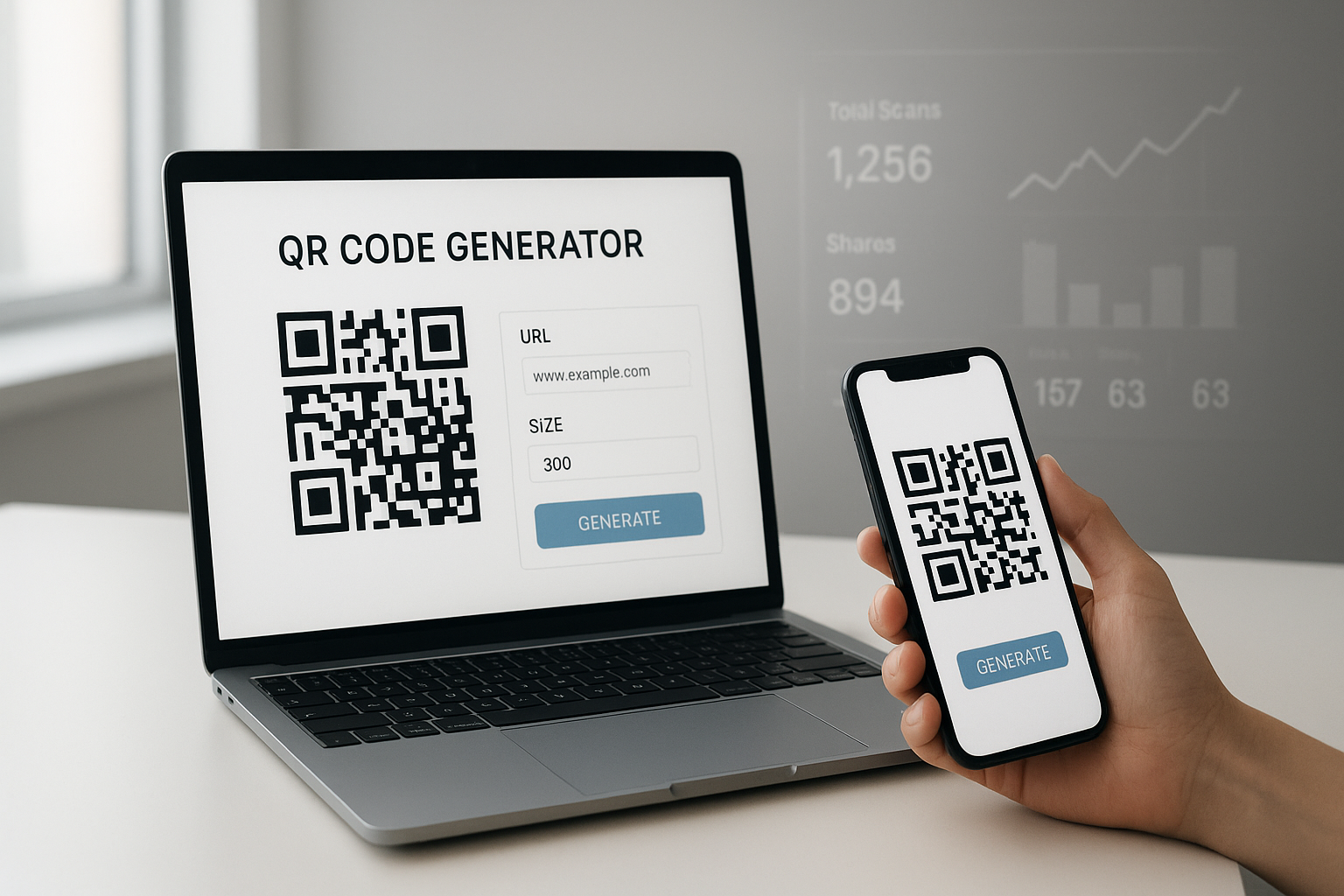 a modern workspace with a laptop showing a dynamic qr code generator and a phone scanning the code