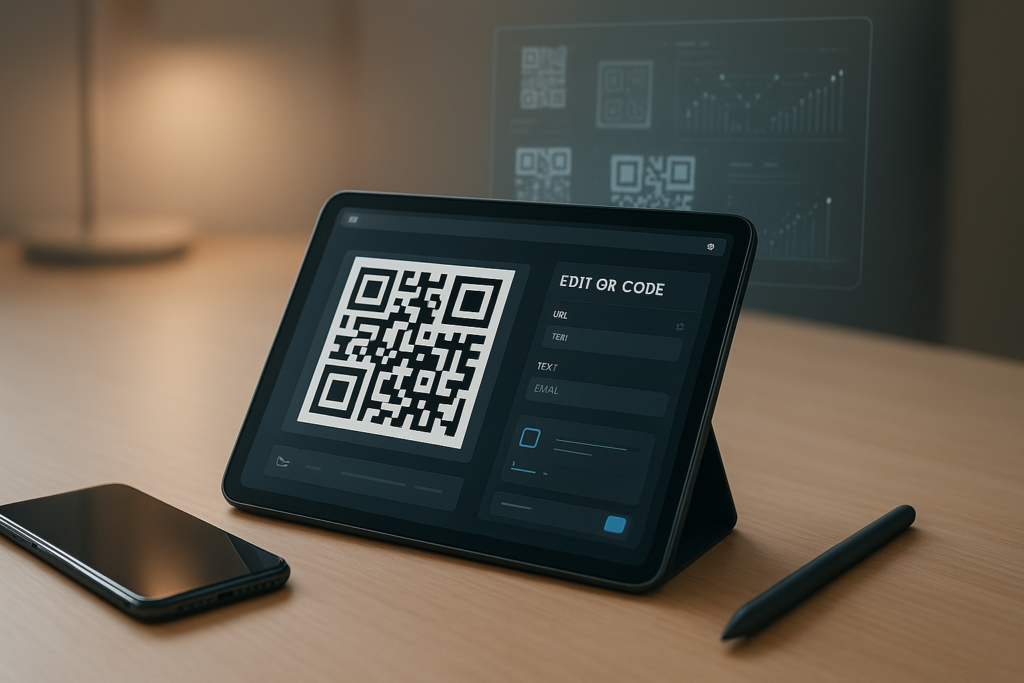 modern workspace with digital tablet editing editable qr code