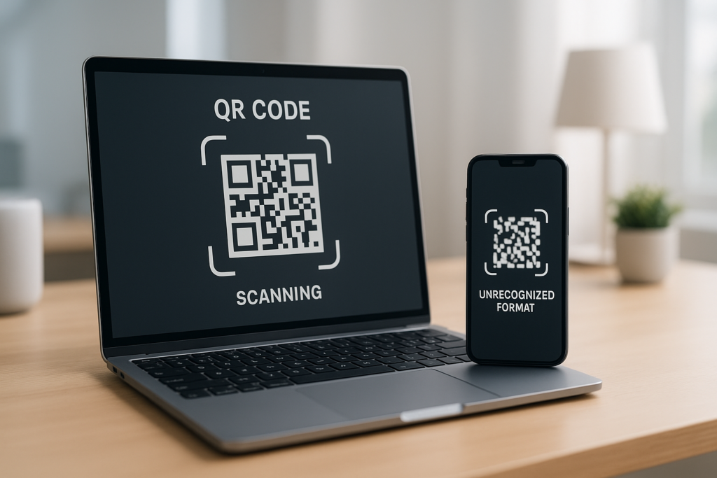 modern desk with laptop and smartphone showing unrecognised qr code format