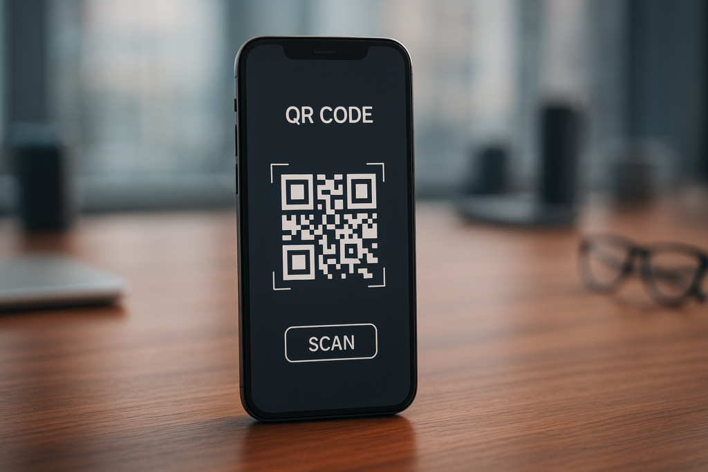 smartphone displaying a qr code scanner without app on a desk