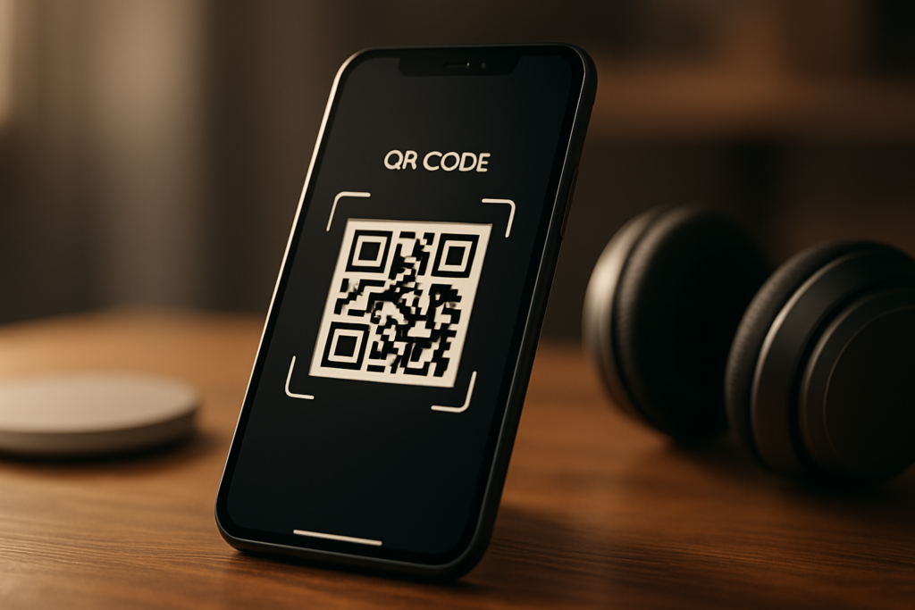 smartphone displaying a QR code scanning interface in a modern workspace