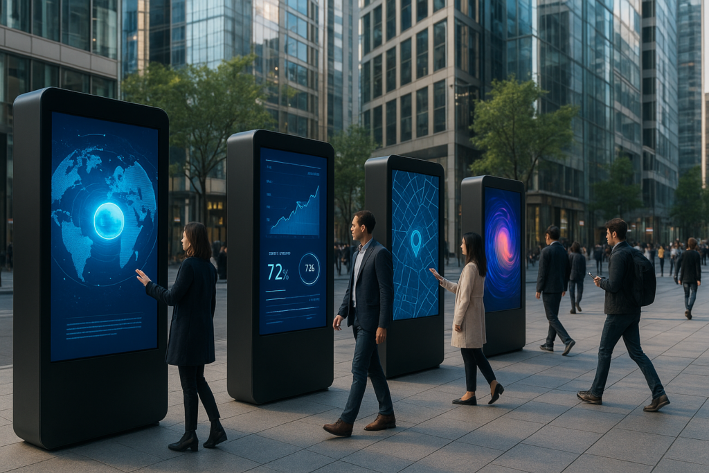 modern digital signage examples in an urban setting with lively interactions. digital signage examples