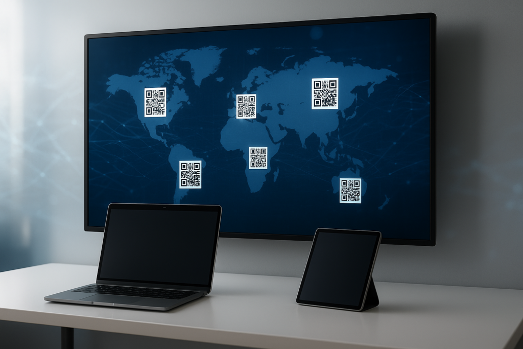 modern workspace with digital display of qr codes, qr code manager