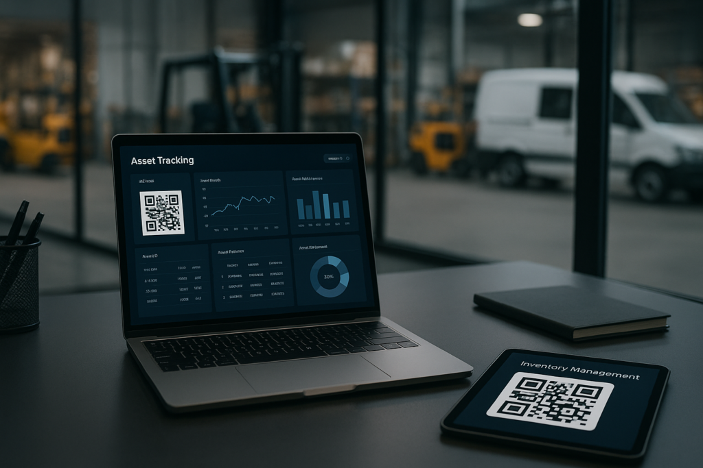 workspace showcasing advanced qr codes for tracking equipment on laptop and tablet