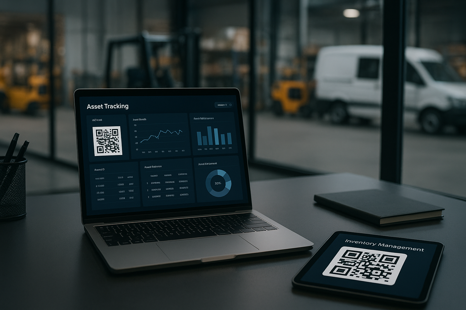 workspace showcasing advanced qr codes for tracking equipment on laptop and tablet
