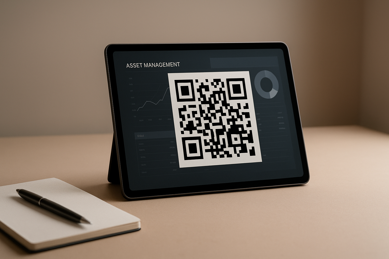 modern workspace with a digital device showing qr code asset management dashboard